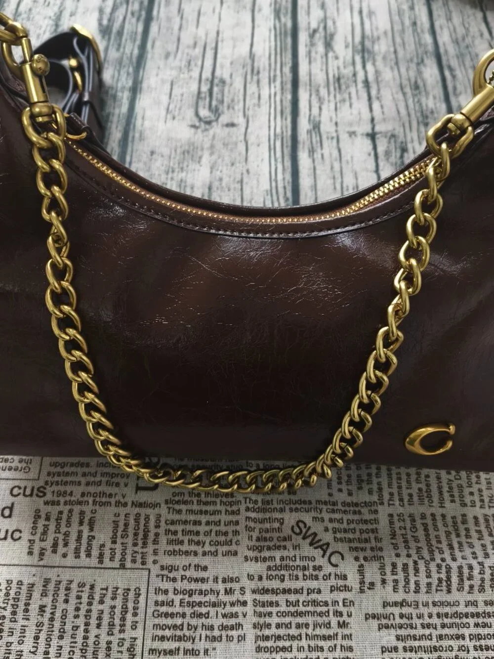 Coach chocolate brown wax leather hobo armpit bag